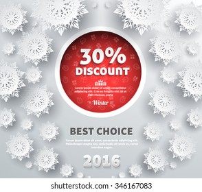 Winter discount best choice design flat. Sale and coupon, offer shopping, promotion and save money, winter christmas,  label and price, advertising buy, special retail illustration