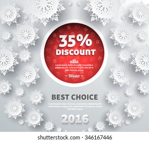 Winter discount best choice design flat. Sale and coupon, offer shopping, promotion and save money, winter christmas,  label and price, advertising buy, special retail illustration