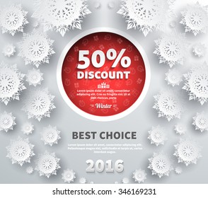 Winter discount best choice design flat. Sale and coupon, offer shopping, promotion and save money, winter christmas,  label and price, advertising buy, special retail illustration