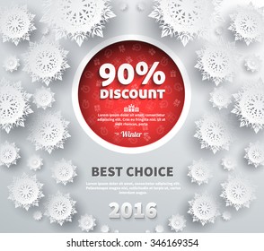 Winter discount best choice design flat. Sale and coupon, offer shopping, promotion and save money, winter christmas,  label and price, advertising buy, special retail illustration