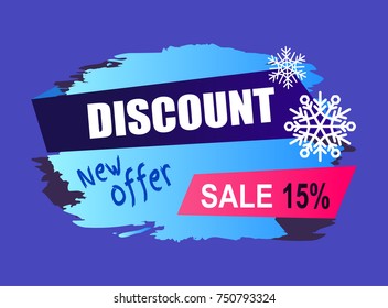 Winter discount new offer promotion 15 percent isolated on dark blue background. Vector illustration with sign of sale advert decorated with snowflakes