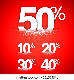 Winter discount numbers decorated with snow on red background