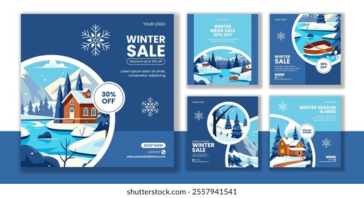 Winter Discount Social Media Post Flat Cartoon Hand Drawn Template Design