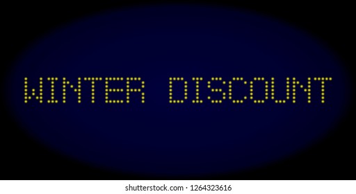 Winter Discount text in LED style with round glowing dots. Vector shiny yellow letters forms Winter Discount text on a dark blue background. Digital font with round elements.