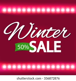 Winter discounts background. Seasonal sale. A sign with bright lights. Vector illustration Design Template.  For your Advertising, Presentations and Web
