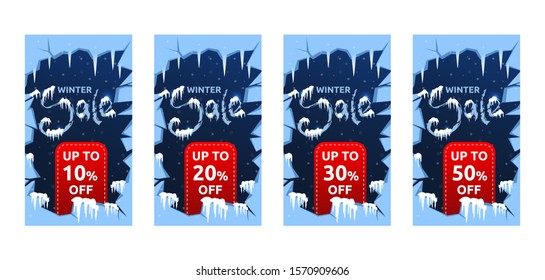 Winter discounts. Set of different numbers discounts. 10, 20, 30, 50 percent.   Vector illustration with falling snowflakes and cracked ice.