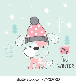 winter dog cartoon, cute dog wearing a winter cap vector illustration