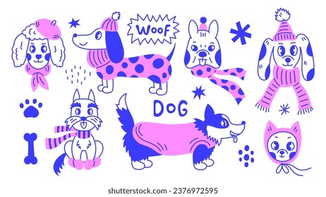 Juego de doodles para perros de invierno. Graciosos cachorros modernos de pedigrí usando bufanda de suéter con artículos de perro. Ilustración vectorial.