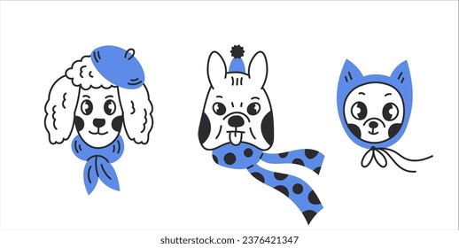 Winter dog portrait set in doodle style. Funny cartoon puppy characters collection in hat and scarf. Cute poodle, French bulldog, Chihuahua. Vector illustration.