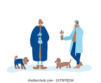 Winter dog walking. Two cute characters dressed in warm trendy clothes standing together, holding a cup of coffee in their hands. Friends and their pets outdoor. Vector color flat illustration.