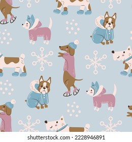 Winter dogs seamless pattern with snowflakes. Cute seasonal doggy background with funny dachshund french bulldog, chihuahua, terrier puppies. Pet vector illustration