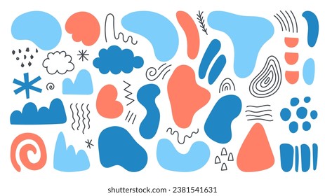 Conjunto de formas abstractas del doodle invernal. Ilustración vectorial. Colección de formas onduladas geométricas modernas de líquido, rayas, puntos y líneas. Elementos de diseño de moda  