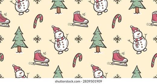 Winter doodle background. Winter holiday pattern background. Winter decoration seamless pattern. Snowman hand drawn pattern with pine tree, snowflake, ice skates, and candy