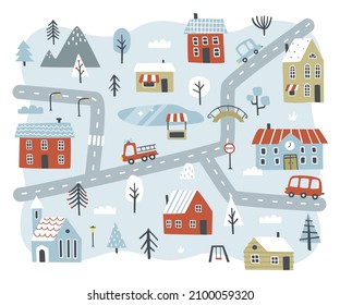 Winter doodle city baby map carpet. Childish nursery town print with houses, cars, roads, mountain, trees, fire engine, school, church, railway, lake.