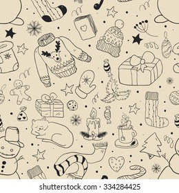 Winter doodle collection, hand drawn new year and christmas elements. Seamless pattern for your design.
