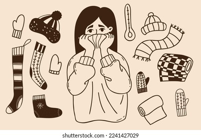 Winter doodle collection. Woman freezing wearing wrapped in warm sweater and shivering. next to knitted socks and stockings, hat, scarf, plaid and mittens. Vector isolate linear hand drawings