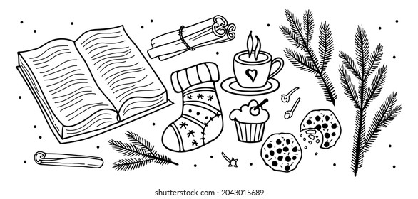 Winter doodle. Cozy Winter, hot drink, pastries, spices, Christmas sock, book, Christmas tree branches. Symbols of warm and cozy winter evening. Black white Seasonal Sketch Vector isolated.