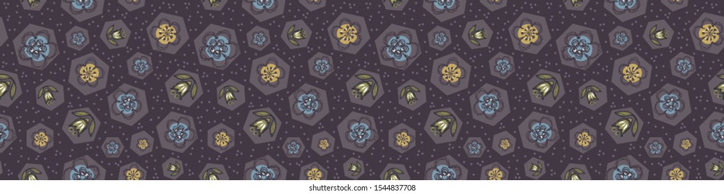 Winter Doodle Daisy Seamless Border Pattern. Hand Drawn Scribble Flower Repeat . Dot Blossom Background. Organic Vintage Summer Textile Edge, Packaging Banner Ribbon Trim. Cute Washi Tape Vector EPS10