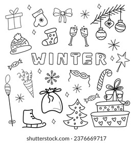 Winter doodle elements vector collections. Different hand drawn elements. Christmas tree, skates, Christmas boot, sweets, gift boxes, snowflakes. Winter holidays attributes.