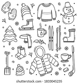 Winter Doodle Hand Drawn Objects With Line Art Style Vector Illustration