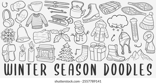 Winter Doodle Icons Black and White Line Art. Season Clipart Hand Drawn Symbol Design.