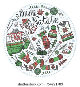 Winter doodle knitting. Needlework circle composition with male knittwear,snowflakes. Buon Natale italian greetings.Hand drawing Vintage background.Christmas,new year  Vector, hand made supplies