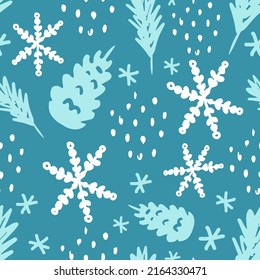 Patrón de doodle invernal con copos de nieve, conos, ramas. Ilustración de vectores sin costura dibujada a mano con forma abstracta con elementos de esbozo, puntos y puntos, agujas, tema de árbol forestal