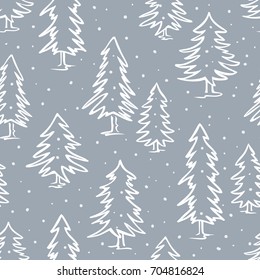 winter doodle pine fir trees seamless pattern