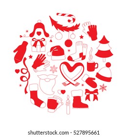 Winter doodle. Round shape with different elements.