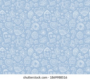 Winter doodle seamless pattern. Hand drawn gingerbread, biscuit, cookies. Seasonal homemade food. Snowflakes background. Vector illustration - eps.
