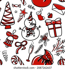 Winter doodle seamless pattern with snowman, Christmas tree, goft, letter, sock, stars and sweets