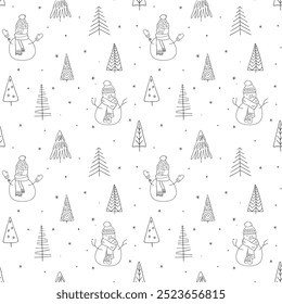 Winter Doodle Seamless Pattern with Snowman and Christmas Tree. Kids Outdoor Fun. Happy Winter Holiday season. Outline sketch Black and white Background. Frosty Cute Snow man Character