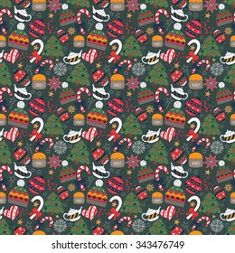 Winter doodle seamless pattern with tree, tea pot, toys, candies, hat. Vector cute texture for card, wrapping paper, invitation, card, surface or pajama pattern. Funny Christmas vector background.