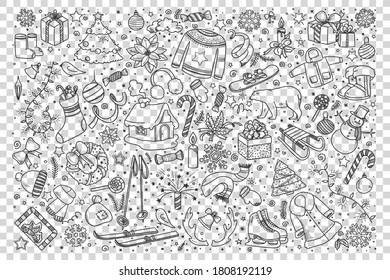 Winter doodle set. Collection of hand drawn sketches templates patterns of cold season snowman and snowballs or skiing or christmas tree on transparent background. Celebration of New Year illustration