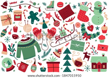 Winter doodle set. Collection of wintry clothing cold season snowman and snowballs or skiing christmas tree isolated on white. Celebration of New Year and xmas illustration.
