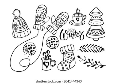 Winter doodle set. Cozy Winter text and warm clothes, hot drinks and cookies, New Year tree and wigs. Sketch Vector illustration. Calligraphy Lettering. Black white Seasonal Design elements isolated 