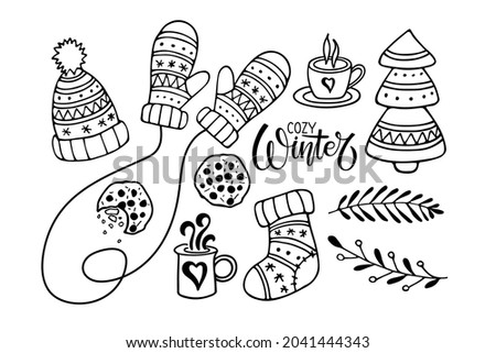 Winter doodle set. Cozy Winter text and warm clothes, hot drinks and cookies, New Year tree and wigs. Sketch Vector illustration. Calligraphy Lettering. Black white Seasonal Design elements isolated 