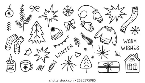 Conjunto de Elementos estacionales del doodle del invierno aislado en un fondo blanco. Navidades dibujadas a mano. Iconos retro de Vector