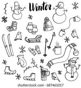 Winter Doodle Set, Vector Isolated Hand Drawn Elements