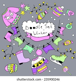 Winter doodle set.Vintage colors.Hand drown vector. Web page background.Happy new year, Merry Christmas card template.Party invitation template with 