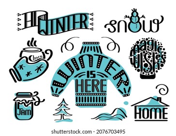 Ilustración de texto del doodle de invierno. Arte de la línea del vector. Elemento pegatinas de vacaciones