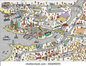 Winter Doodle Town. Map Drawn By Hand. Vector. Isolated