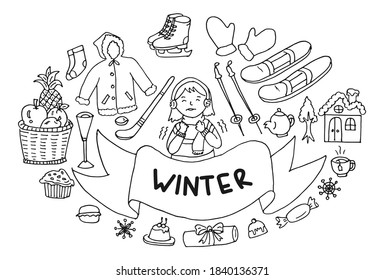 Winter doodle vector illustrations. Hand drawn winter icon with little girl on cold winter weather. Doodle cartoon vector art.