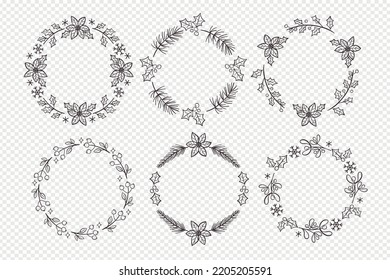 Winter doodle wreath collection. Six seasonal floral decorative wreaths, perfect for bullet journals and frames. Isolated vector elements.