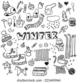 Winter doodles collection. Stylish design elements: ice skates, christmas tree, snowman, socks and others.