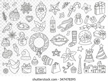 Winter doodles collection. Stylish design icon elements: balloon, bells, sweets, christmas socks, gift, mittens, envelope, letter, tree, star, candle, bird, snowman, ball, bow, heart and Santa Claus. 