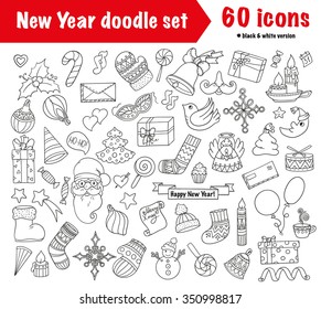 Winter doodles collection. Stylish design icon elements: balloon, bells, sweets, christmas socks, gift, mittens, envelope, letter, tree, star, candle, bird, snowman, ball, bow, heart and Santa Claus. 