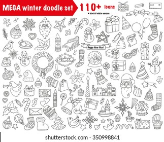 Winter doodles collection. Stylish design icon elements: balloon, bells, sweets, christmas socks, gift, mittens, envelope, letter, tree, star, candle, bird, snowman, ball, bow, heart and Santa Claus. 