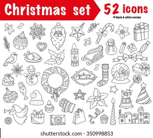 Winter doodles collection. Stylish design icon elements: balloon, bells, sweets, christmas socks, gift, mittens, envelope, letter, tree, star, candle, bird, snowman, ball, bow, heart and Santa Claus. 