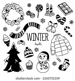 Winter doodles. Hand drawing of winter items.